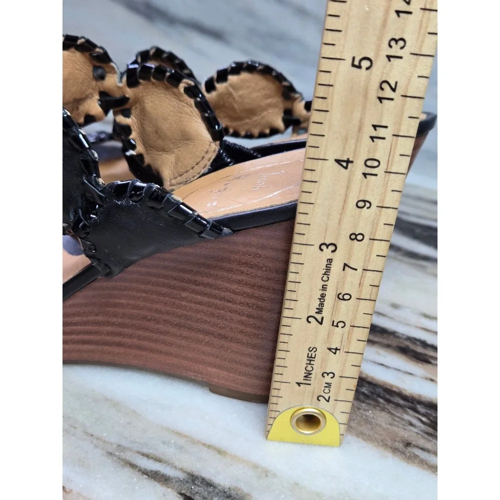Jack‎ Rogers Womens Black Leather Whipstitched Rondelle Wedge Sandals Size 6M